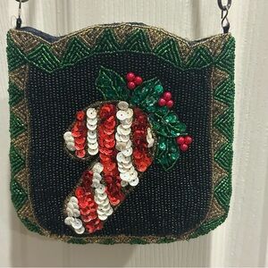 Festive Beaded Handbag with Candy Cane Design